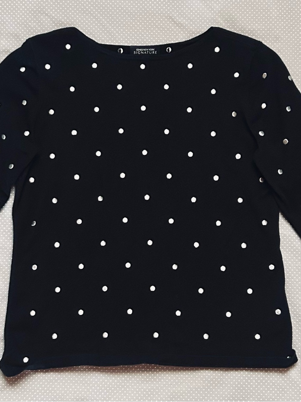 Signature Jones New York Black Crewneck Sweater with Silver Polka Dots